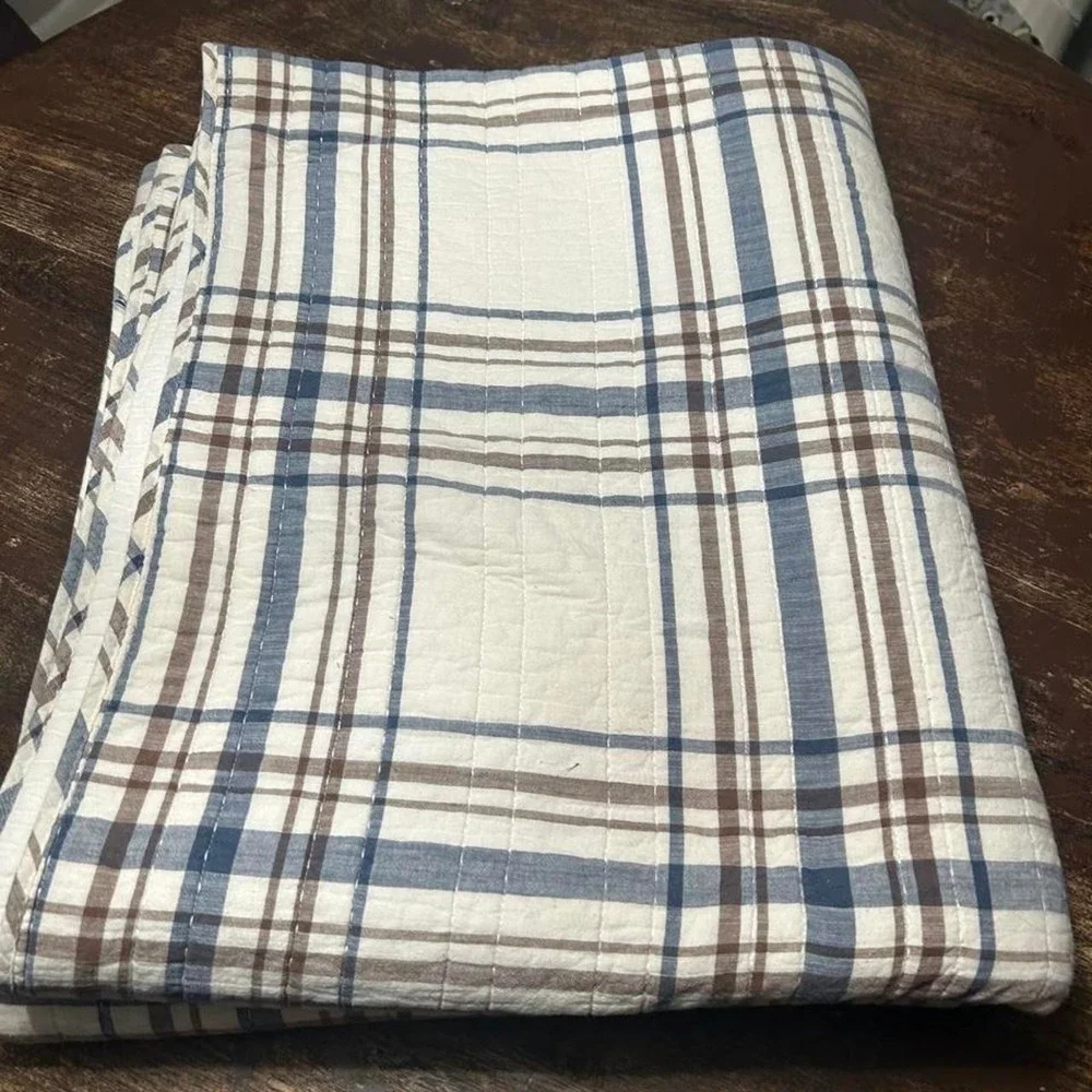 White Blue Plaid Quilt with Brown Stripes Reversible Farmhouse Bedding
